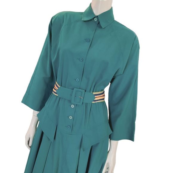 Vintage 80s Day Dress size 4 Emerald Green Cotton Blend with Contrasting Belt - Picture 2 of 7
